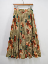 Vintage Rose Print Pleated Midi Long Skirt