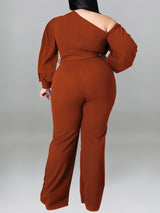 Solid Color Tie Up Lantern Sleeve Jumpsuits