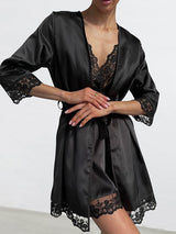 Satin 2Pcs Lace Trim Nightgown & Robe Set