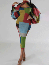 Long Sleeve Colorful Plaid Print Maxi Dress
