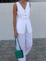 Sleeveless Vest & Long Pants White Two Piece Set