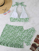 3Pcs Floral Halter Bikini Swimsuit