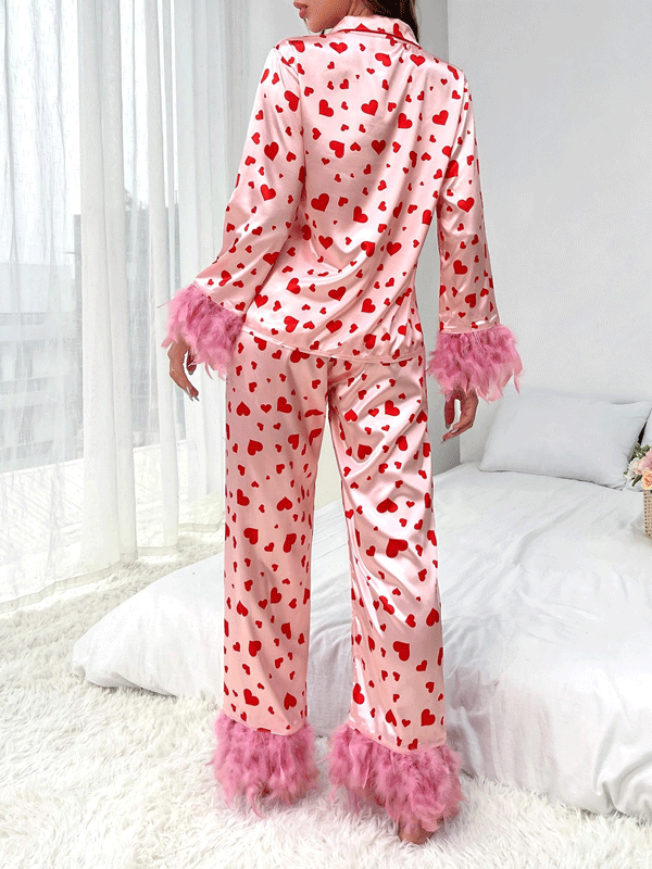 Heart Print Fuzzy Trim Satin Pajama Set