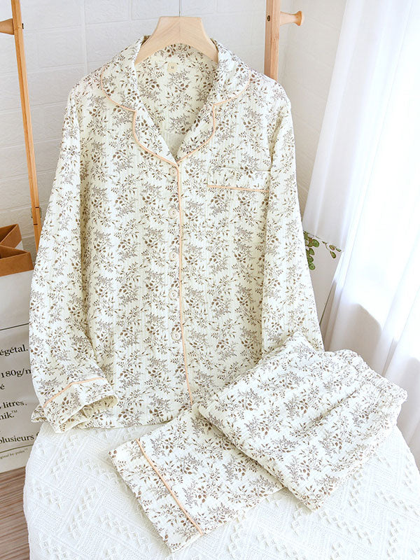 Long Sleeve Cotton Lapel Floral Print Pajamas