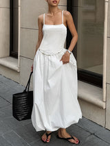 Spaghetti Strap Puffy Maxi White Dress