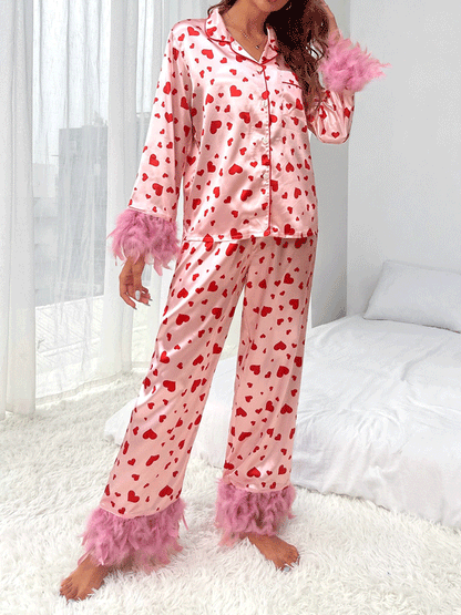 Heart Print Fuzzy Trim Satin Pajama Set