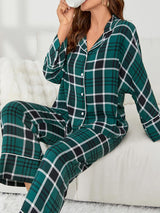 Color Contrast Plaid Long Sleeve Pajama Set