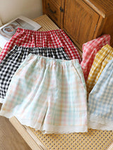 Plaid Lace Trim Pajama Shorts
