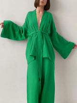 Cotton Solid Color Long Sleeve Robe Set