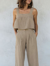 Linen Sleeveless Button Up Top & Long Pants Set