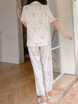 Short Sleeve Lace Trim Bear Printed Pajamas