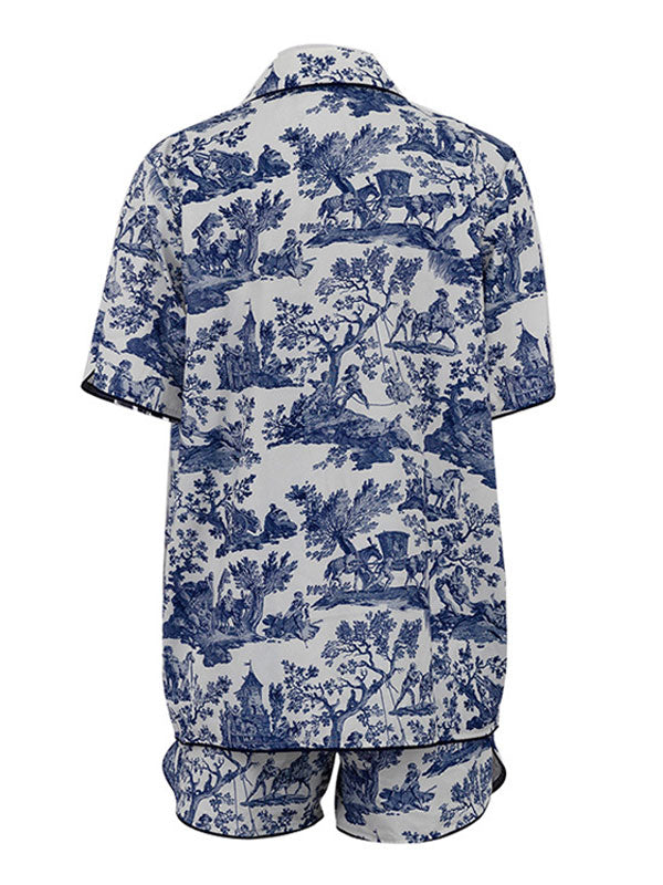 3 Pieces Print Short Sleeve Shirt & Shorts Set