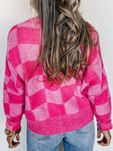 Checkered Drop Shoulder Button V Neck Cardigan