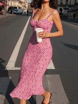 Ruffle Floral Print Slip Draped Midi Dress