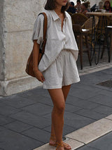 Striped Short Sleeve Shirt With Shorts Set