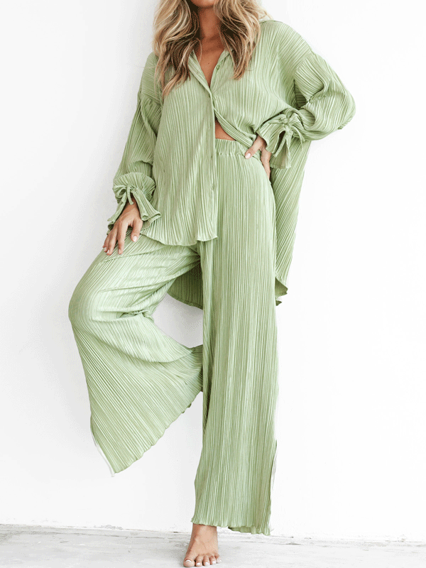 Solid Color Pleated Long Sleeve Shirt Set