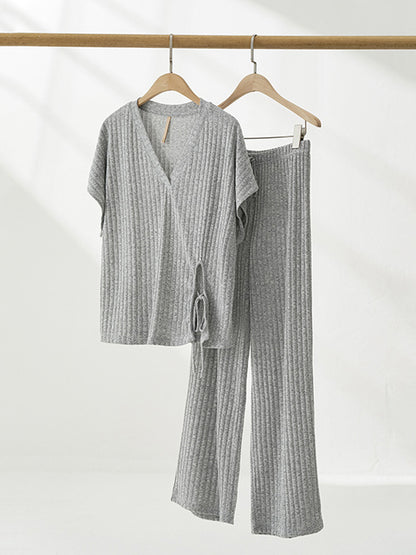 Two Pieces Knitted Drawstring Top & Long Pants Set
