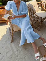 Lace-up Shirt and Maxi Skirt Two Piece Set