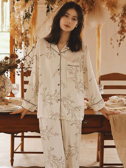 Flower Print Lapel Long Sleeve Pajama Set
