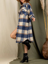 Lapel Pocket Patch Long Plaid Shirt Jacket