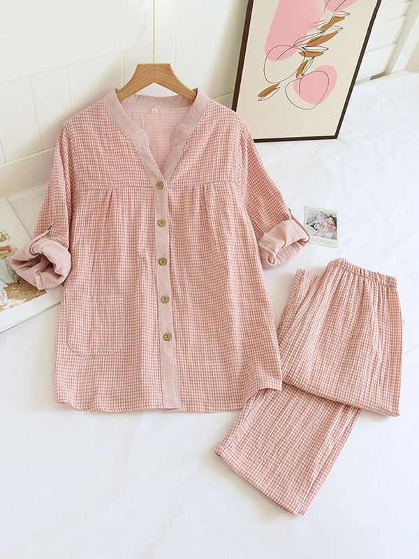 Long Sleeve Plaid Button Down Cotton Pajama Set