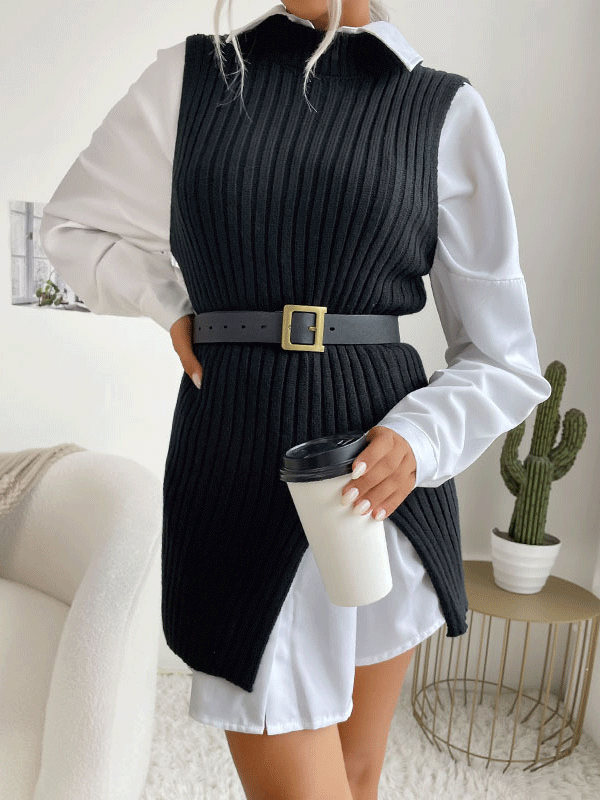 Slit Hem Mock Neck Sweater Vest