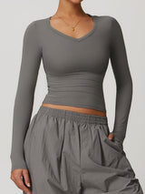 V Neck Long Sleeve Fitted Crop Top