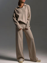 V Neck Solid Knitted Sweater Set