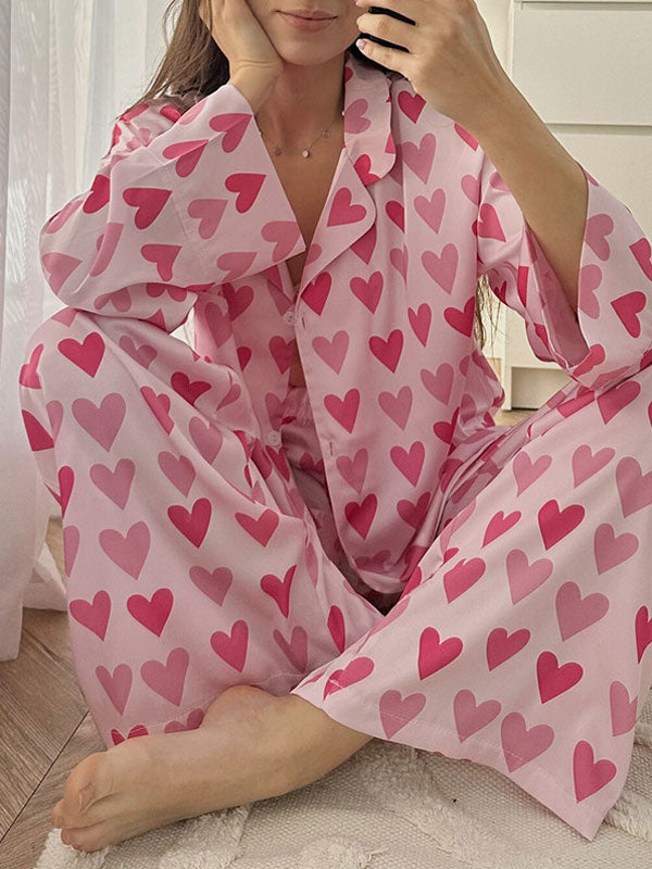 Heart Printed Loose Long Sleeve Pajama Set