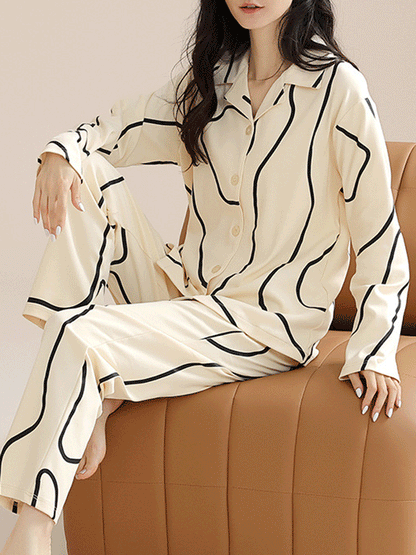 Long Sleeve GeoStripe Pattern Cotton Pajama Set