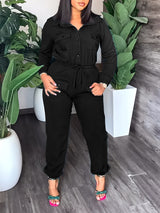 Solid Color Lapel Tie Up Long Sleeve Jumpsuits