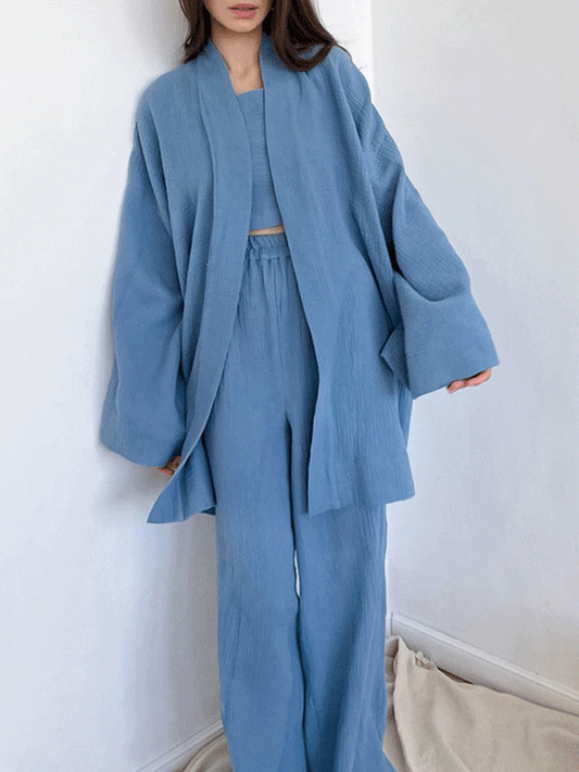 Cotton Solid Color Long Sleeve Robe Set