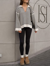 Lapel Striped Loose Pullover Knit Sweater