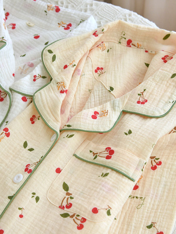 Cherry Print Long Sleeve Cotton Cotton Pajamas