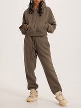 Thick Plush Hoodies Solid Short Top & Long Pants Set