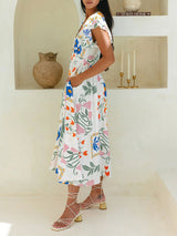 Floral Printed V Neck Cute Maxi Dress