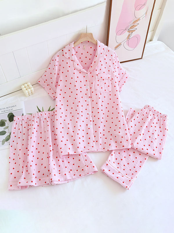 Short Sleeve 3 Pieces Heart Print Pajama Set