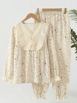 Sweet Lace Front Flowers Printed Pajama Set