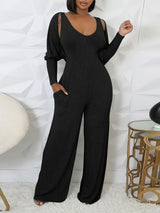 Solid Color Ribbed Knit Vest Jumpsuit Set