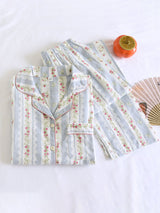 Floral Long Sleeve Blue Striped Pajama Set