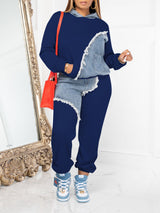 2 Pcs Denim Patchwork Long Sleeve Set