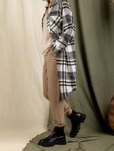 Lapel Pocket Patch Long Plaid Shirt Jacket