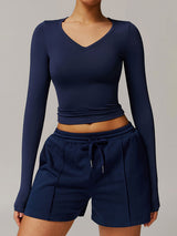 V Neck Long Sleeve Fitted Crop Top