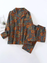 Long Sleeve Vintage Patterned Cotton Pajama Set