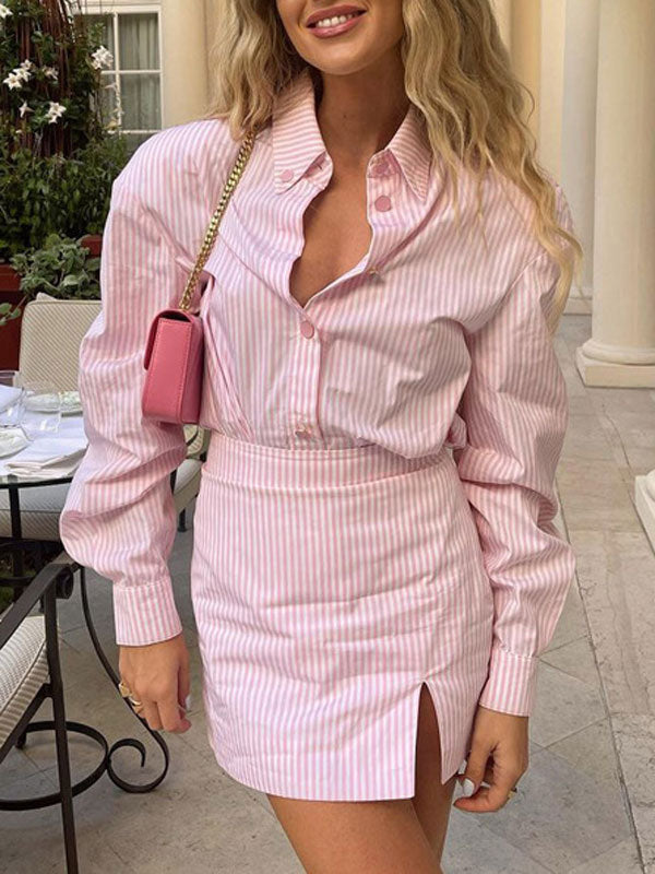 Pink Collared Striped Shirt & Bodycon Skirt Set
