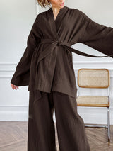 Cotton Solid Color Long Sleeve Robe Set