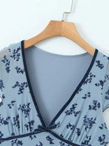 Blue V Neck Floral Print Mini Dress