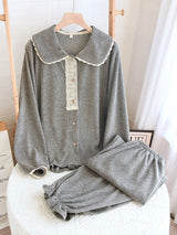 Long Sleeve Collared Panel Lace Pajama Set