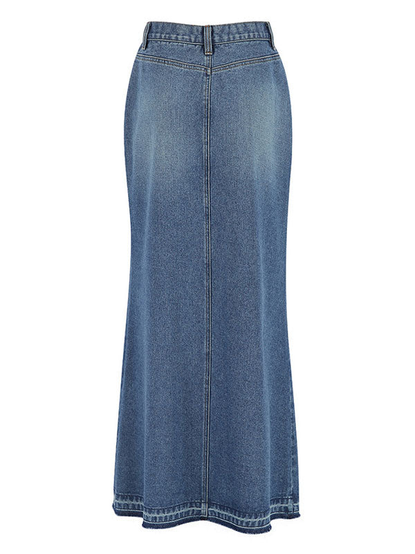 Split Front High Waist Maxi Denim Skirt