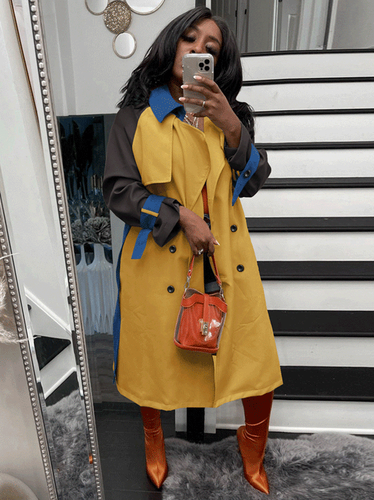 Color Block Long Trench Coat